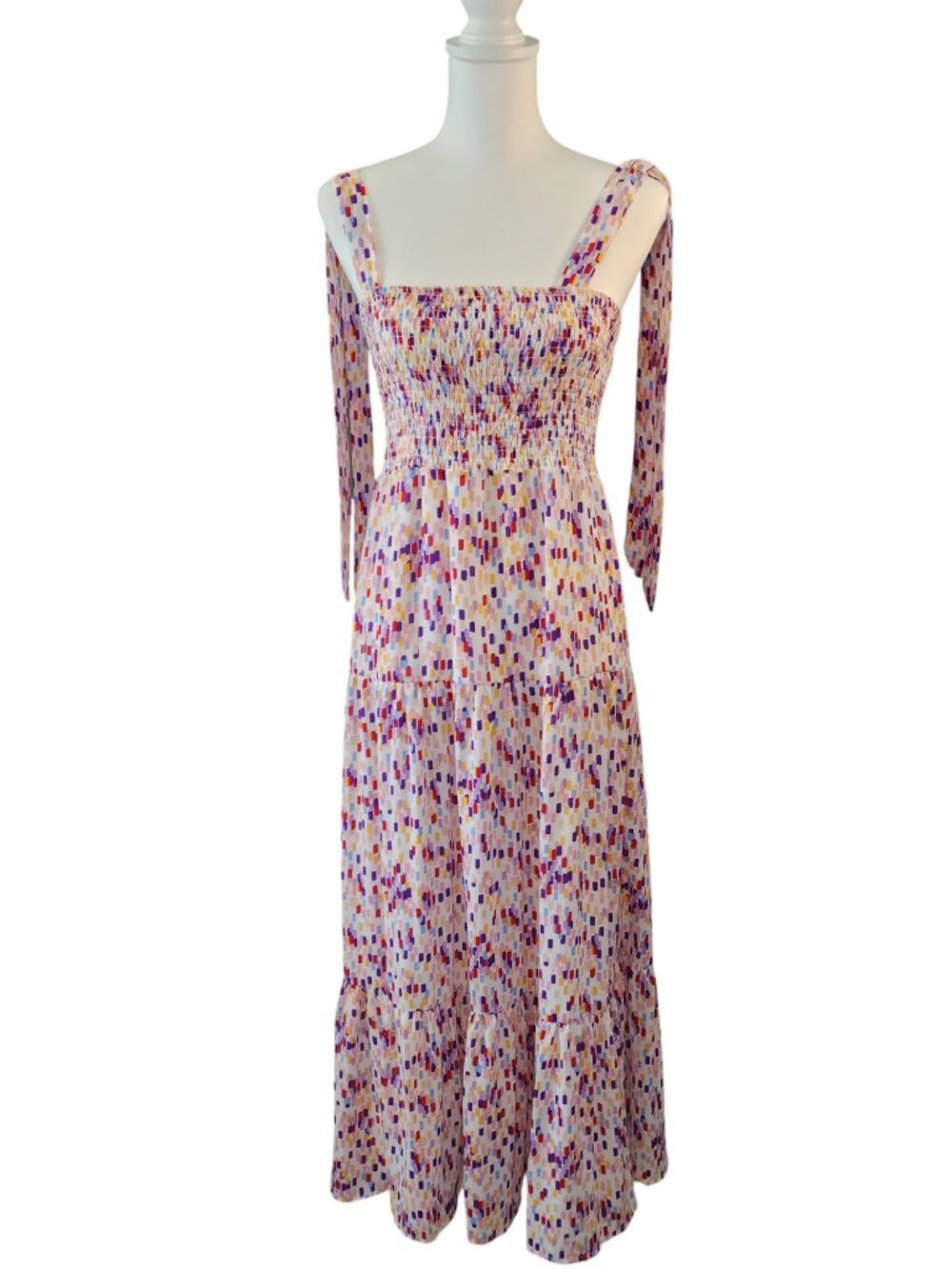 Sam Edelman Smocked Tiered Maxi Dress Multicolor Paint Stroke Tie Strap Size 2